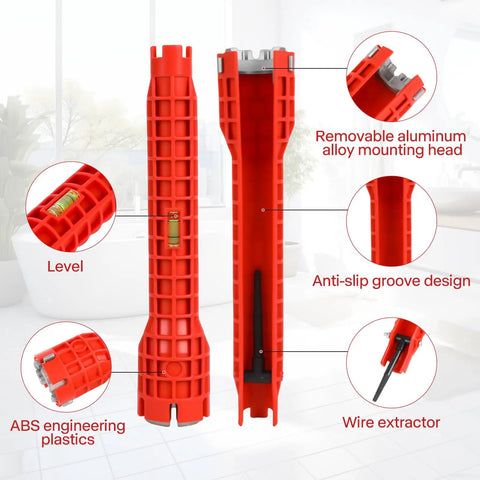 8 In 1 Multifunction Sink And Faucet Installer Wrench showing features like level, wire extractor, removable head, ABS plastic