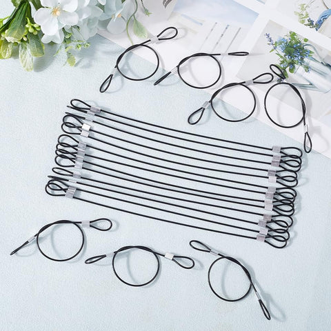 20 Pack 9 Inch Stainless Steel Wire Rope Lanyards With Rubber Coated Braided Cable Locks, laid out on a flat surface