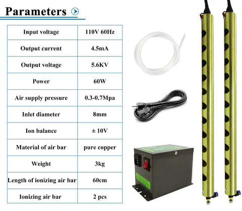 Anti Static Ionizing Bar With Copper Air Bar And 110V High Voltage Generator 60cm Long Pro Grade Stainless Steel Ion Needles Replaceable Tips Industrial Static Elimination For Electronics Manufacturing, parameters sheet