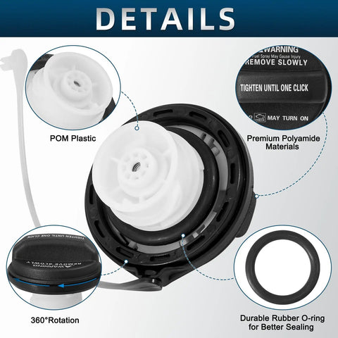 Hyundai Fuel Tank Cap Gas Cap Replacement details including POM plastic, premium polyamide materials, and rubber O-ring for sealing.