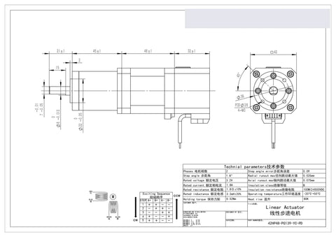 Permanent magnet DC stepper motor technical drawing with shaft and mounting flange; side and front views.