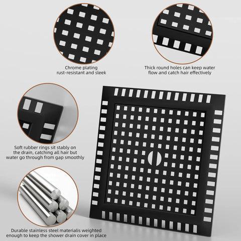 No Drama Matte Black 4 Inch Square Shower Drain Kit With Removable Grate features chrome plating and thick holes for water flow.