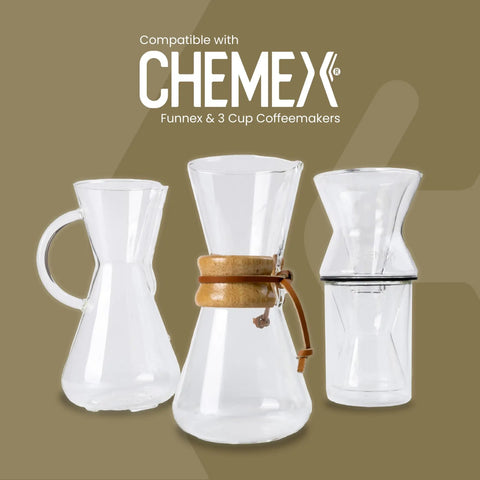 Natural Half Moon Coffee Filters 100 Count FP2N compatible with CHEMEX 3 cup tapered coffee makers, three glass brewers displayed.