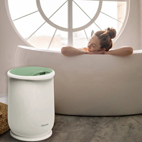 Huge 20L Towel Warmer Bucket for Bathrooms next to a bathtub with a woman relaxing, cozy spa vibe