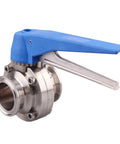 Blue Trigger 1.5 Inch Tri Clamp Butterfly Valve Made From 304 Stainless Steel Clover Body, 13 Position Handle, side view.