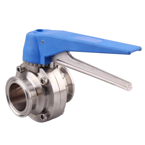 Blue Trigger 1.5 Inch Tri Clamp Butterfly Valve Made From 304 Stainless Steel Clover Body, 13 Position Handle, side view.