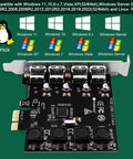 Image of a Four Port USB 3.0 PCIe Expansion Card With Self Powered Technology Delivers 5Gbps USB A Ports X1 PCIe Interface Plug And Play For Windows 11 10 8 7 Vista XP Desktops And Workstations No Extra Power Supply Needed.