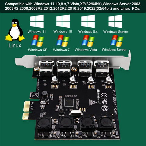 Image of a Four Port USB 3.0 PCIe Expansion Card With Self Powered Technology Delivers 5Gbps USB A Ports X1 PCIe Interface Plug And Play For Windows 11 10 8 7 Vista XP Desktops And Workstations No Extra Power Supply Needed.