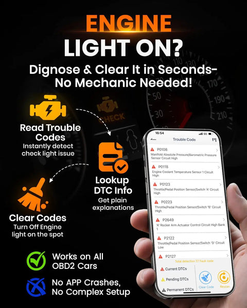 Smartphone app screen showing Bluetooth OBD2 Scanner 2 In 1 Car Diagnostic Tool with features for 1996 and newer vehicles.
