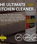 Bottle of Jubilee Kitchen Wax on a kitchen counter labeled 'Protects • Shines • Cleans' for countertops and surfaces.