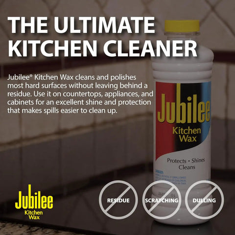 Bottle of Jubilee Kitchen Wax on a kitchen counter labeled 'Protects • Shines • Cleans' for countertops and surfaces.
