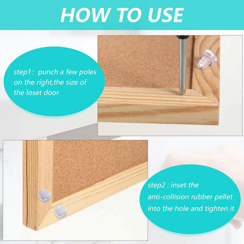 Instructions for installing 50 Pack Glass Table Top Bumpers With Stem Clear Rubber Grippers Soft PVC Anti Slip Pads on wood frame.
