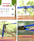 Installation steps for Backyard Kids Slackline Obstacle Course Kit With 65Ft Line And 13 Obstacles, showing trees and buckles.