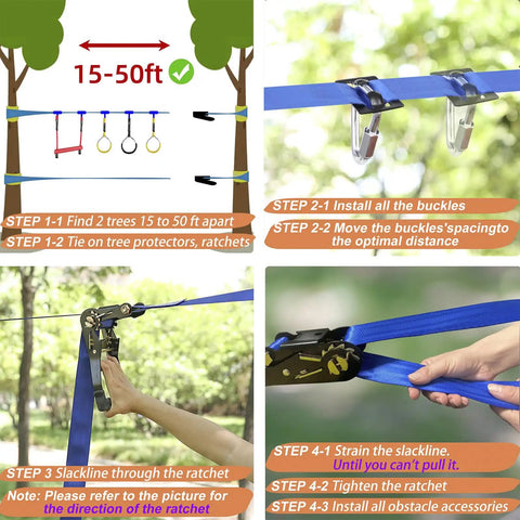 Installation steps for Backyard Kids Slackline Obstacle Course Kit With 65Ft Line And 13 Obstacles, showing trees and buckles.