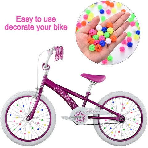 216 Piece Bicycle Spoke Beads Kit With Assorted Color Plastic Clip Beads For Wheel Decoration on purple bike with white wheels.