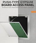 Rock Solid Aluminum Drywall Access Panel With Paintable Push Latch Cover For Ceilings showing open panel with green gypsum board.