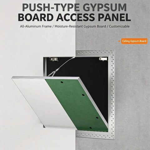 Rock Solid Aluminum Drywall Access Panel With Paintable Push Latch Cover For Ceilings showing open panel with green gypsum board.