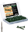 Pro Grade Green Deck Screws Size 8 By 1-1/2 Inch Heavy Duty Fasteners in a box with T25 driver bit included.
