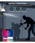 Built Tough 5MP PtZ Outdoor Security Camera monitors motion detection, sending alerts to app during attempted break-in.