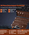 Open case of Impact Socket Set 3/8 Inch Drive, 90 PC Beefy CR-MO Steel Kit with labeled sockets and tools.
