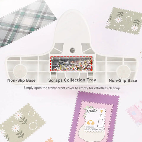 Adjustable Postage Stamp Border Punch For Scrapbooking And Card Making with transparent scraps tray and non-slip base