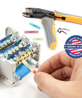 Heavy Duty Ratcheting Wire Crimper For Awg Heat Shrink Connectors used on wiring terminals with crimping connectors in hand.