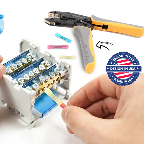 Heavy Duty Ratcheting Wire Crimper For Awg Heat Shrink Connectors used on wiring terminals with crimping connectors in hand.