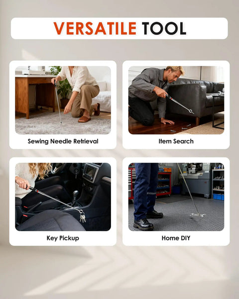 Four uses of Telescoping And Extendable Magnetic Pickup Tool With 32 Inch Reach And 16 Lb Neodymium Magnet shown in different scenarios