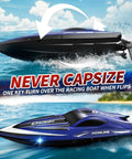 High Speed Remote Control Boat For Kids And Adults Two Point Four Gigahertz Controller with auto flip feature in water.