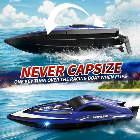 High Speed Remote Control Boat For Kids And Adults Two Point Four Gigahertz Controller with auto flip feature in water.