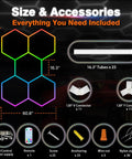 Image showing RGB Hexagon Garage Lights With Music Sync, LED Hexagon Wall Panels dimensions and accessories for gaming room or studio.