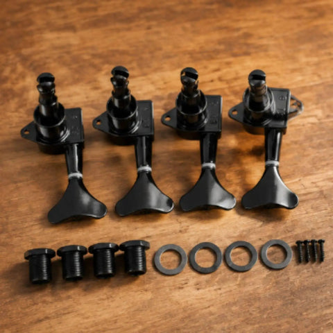Get Your Bass Guitars Tuned Smooth As Butter With This 4 Piece Set Of Black Metal Tuning Machines Featuring Closed Gear Housing Rust Resistant Finish And Super Easy Adjustment Perfect For Rehearsals Home Studios Or Just Quick On The Spot Tune Ups Without - 4 black metal tuning pegs with screws.