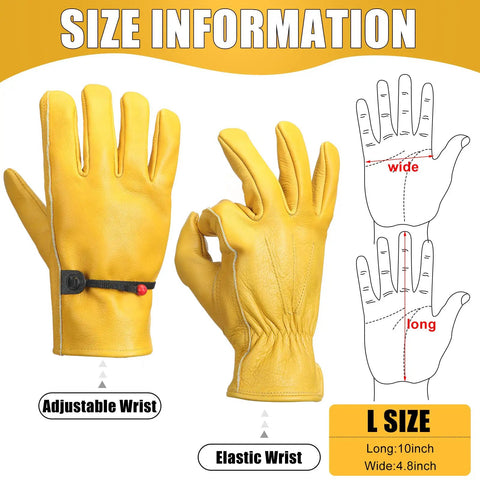 Rugged Leather Work Gloves For Men And Women, Cowhide Build That Holds Up To Real Work, Puncture And Cut Resistant, Golden Yellow, adjustable wrist