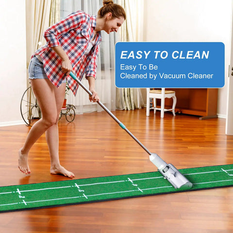 Woman cleaning Indoor Outdoor Golf Putting Mat Pro Practice Green With Distance Markers Anti Slip Backing Portable Training Aid.