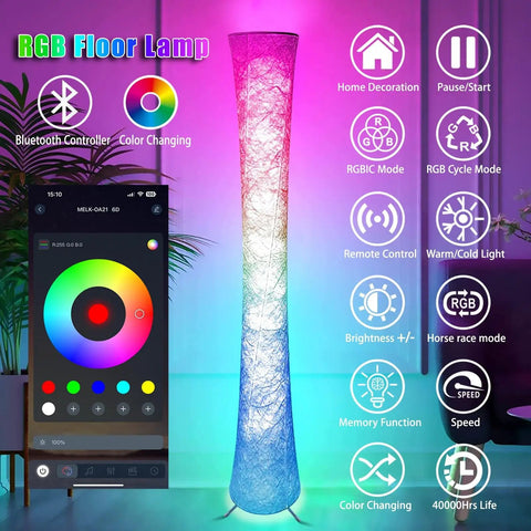Pair Of Super Cool Sixty One Inch Smart Rgb Led Corner Floor Lamps That Sync With Music And Offer Sixteen Million Diy Colors Plus Three Color Temps Controlled By App Or Remote For Your Bedroom Or Living Room Setup with remote and app interface