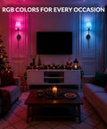 Konvixon Wall Sconces Battery Operated Set of Two, RGBWW with Remote, Black illuminating a cozy living room with festive decorations.
