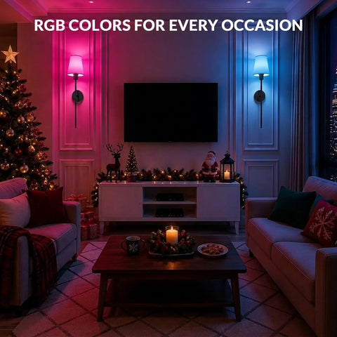 Konvixon Wall Sconces Battery Operated Set of Two, RGBWW with Remote, Black illuminating a cozy living room with festive decorations.