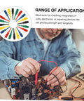 Pro Grade Twenty Piece Insulated Test Hooks And Grabbers Colorful Clamps for multimeter electrical diagnostics in use on circuit board