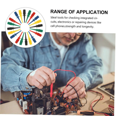 Pro Grade Twenty Piece Insulated Test Hooks And Grabbers Colorful Clamps for multimeter electrical diagnostics in use on circuit board