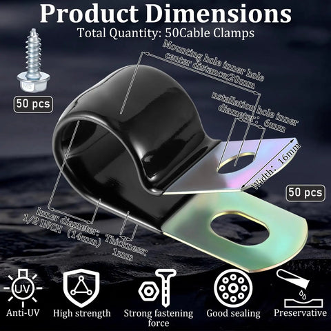 50 Piece Half Inch Stainless Steel Cable Clamps With Rubber Coated Insulated Brake Line Clips And Self Tapping Screws Conduit Wire Holder Strap Clips For Automotive Marine DIY Projects Heavy Duty Kit, showing dimensions and features.