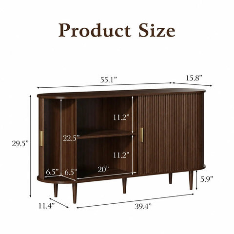 Mid Century Modern Sideboard Buffet Cabinet With Tambour Sliding Doors Fluted Accent Adjustable Shelves Walnut Finish 55 Inch