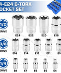 14-Piece Female E-Torx Socket Set With E4 Through E24 External Star Sockets For One Quarter Inch, Three Eighth Inch, And One Half Inch Drives, Pro Grade Cr-V Steel, Compatible With Regular And E-Torx Plus, Auto Repair Kit With Storage Case