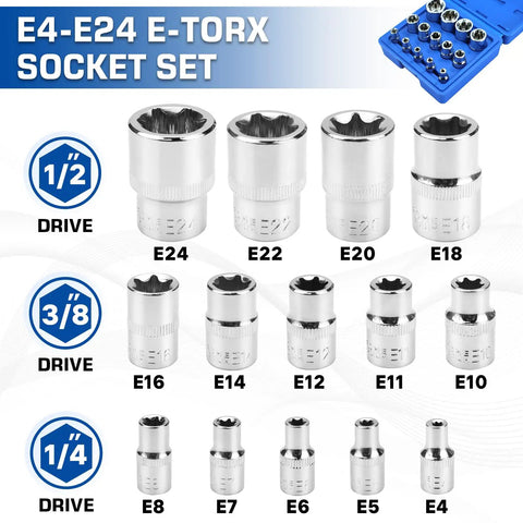 14-Piece Female E-Torx Socket Set With E4 Through E24 External Star Sockets For One Quarter Inch, Three Eighth Inch, And One Half Inch Drives, Pro Grade Cr-V Steel, Compatible With Regular And E-Torx Plus, Auto Repair Kit With Storage Case