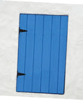 Blue wooden gate with black metal hinges installed on white stucco wall
