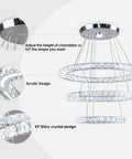 Modern LED Crystal Ring Chandelier Pendant Light With Three Rings, Adjustable Height, Crystal and Steel with acrylic design.