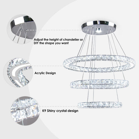 Modern LED Crystal Ring Chandelier Pendant Light With Three Rings, Adjustable Height, Crystal and Steel with acrylic design.