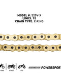 Heavy Duty Drive Sprocket And Chain Combo For Kawasaki KLR650 Front 15T Rear 43T 520V X Ring 106 Links Fits 1990 2018 Models Durable Off Road Motorcycle Sprocket Chain Kit, close-up of 520V X-Ring chain links