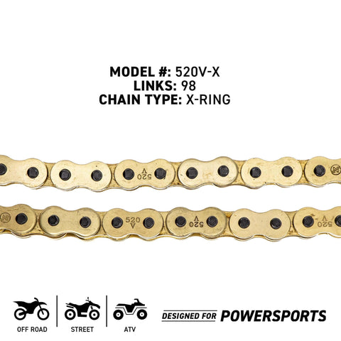 Heavy Duty Drive Sprocket And Chain Combo For Kawasaki KLR650 Front 15T Rear 43T 520V X Ring 106 Links Fits 1990 2018 Models Durable Off Road Motorcycle Sprocket Chain Kit, close-up of 520V X-Ring chain links