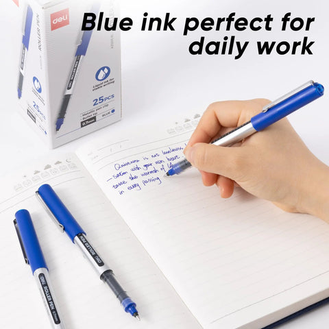 Rollerball Pens 0.7 Mm Blue Ink 25 Pack in use for smooth, quick-dry writing on notepad, ideal for office and school notes.