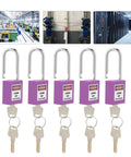 5 Pack 38mm Industrial Safety Padlocks Lockout Tagout Kit With 10 Keys And Writable Labels NonConductive For Machine Building Electrical Maintenance built with purple bodies and keys